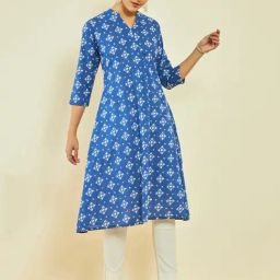 Soch Blue Cotton Slub Bandhani Print A-Line Kurta-image-35