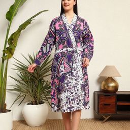 HANDICRAFT PALACE Purple & White Printed Bath Robe With Loop Belt-image-53