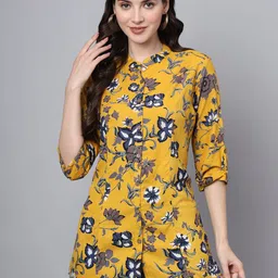 BAESD Floral Print Mandarin Collar Roll-Up Sleeves Ethnic Cotton Top-picture-45