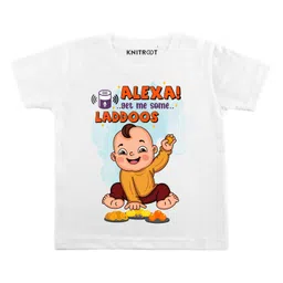 KNITROOT Half Sleeves Alexa Get Me Some Laddoos Diwali Theme Tee - White-picture-37
