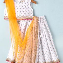 Saka Designs Woven SleevelessCholi Lehenga Set with DupattaGolden Foil Print & Lace Detailing- Cream & Yellow-image-72
