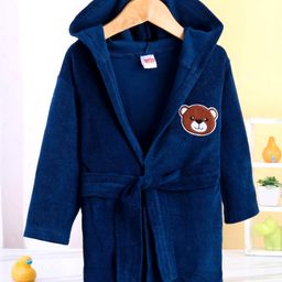 Babyhug Terry Knit Full Sleeves Bath Robe With Hood and Teddy Embroidery - Navy Blue-image-81