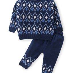 Babyhug Knitted Full Sleeves Pullover Sweater Set with Diamond Design - Navy Blue-image-68