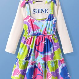 Pine Kids Cotton Knit Floral Printed Frock With Full Sleeves Inner Tee - White-image-60