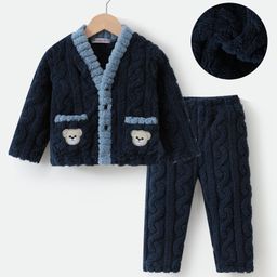 Kookie Kids Full Sleeves Front Open Winter Wear Night Suit - Navy-image-32