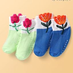 Babyoye Cotton Knit Ankle Length Anti-Skid Socks with Floral Design Pack of 2 - Blue & Light Green-image-10