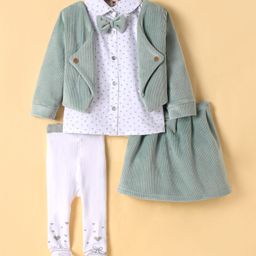 ToffyHouse Velvet Woven Heart Printed Top & Skirt Set With Full Sleeves Waistcoat Stockings & Bow Applique - Mint Green & White-image-80