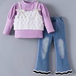 Kookie Kids Full Sleeves Solid Colour Winter Wear Top & Jeans Set with Fur DetailedBow AppliqueVest- Lilac-image-80