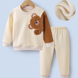 Kookie Kids Full Sleeves Winter T-Shirt & Lounge Pant With Teddy Bear Patch - Beige-image-98