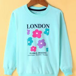 Doreme Terry Knit Full Sleeves Sweatshirt with Floral Print - Aqua Blue-image-71