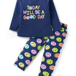 Babyhug Cotton Knit Full Sleeves Night Suit With Smiley Print - Navy Blue-image-26