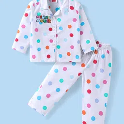 Babyhug Disney Cotton Woven Full Sleeves Night Suit with Minnie Mouse & Polka Dots Print - White-picture-4