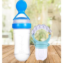 The Cheeky Kidzz Baby Fruit Vegetable Nibbler Soother Rattle Teether With Soft Silicone Squeeze Spoon Bottle BPA Free (BLUE)-18