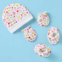 Ben Benny Interlock Knit Cap Mittens & Booties Set with Floral Print White - Diameter 8.5 cm-8