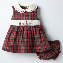 ToffyHouse Cotton Woven Sleeveless Checkered Peter Pan Collar Frock with Bloomer & Embroidery - Red-image-53
