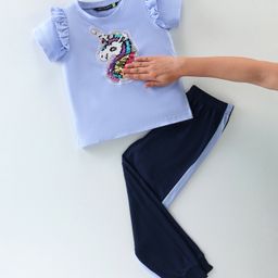 Tiara Cotton Spandex Half Sleeves Reversible Sequins Detailed Unicorn Designed Top With Pant Set - Blue-picture-25