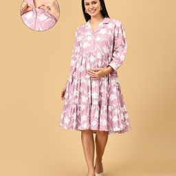 The Mom Store Three Fourth Sleeves Floral Printed Maternity Dress With Nursing Access - Mauve-image-47