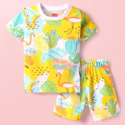 Babyhug Cotton Knit Half Sleeves Shorts Night Suit With Tropical Print - Multicolor-image-90