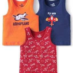 Doodle Poodle 100% Cotton Single Jersey Knit Vests With Aeroplane Print Pack Of 3 - Orange Navy Blue & Red-picture-34