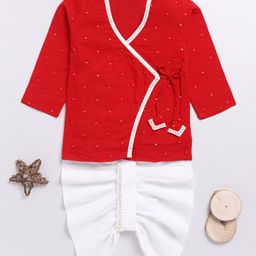Vastramay Cotton Full Sleeves Sequins Embroidered Angrakha Style Kurta & Dhoti Set - Red-image-92