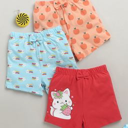 BUMZEE Cotton Knit Above Knee Length Fruit & Star Printed Shorts With Bow Applique Pack of 3 - Sky Blue Red & Peach-image-56