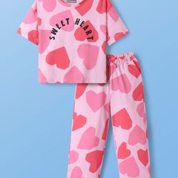 Pine Kids 100% Cotton Half Sleeves Co-ords Night Suit With Hearts Print - Pink-image-24