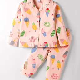 Smarty Girls Cotton Knit Co-ords Night Suit with Ice Cream Print - Peach-picture-42
