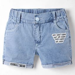 Olio Kids Denim Knit Above Knee Length Shorts With Friends Theme Print - Light Blue-image-56