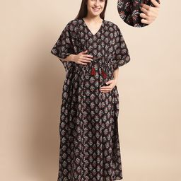 Secret Wish Rayon Woven Half Batwing Sleeves Floral Printed Maternity Kaftan Nighty With Side Zipper Nursing Access - Black-image-71