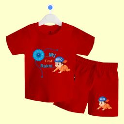 The Peppy Tend 100% Cotton Knit Raksha Bandhan Theme Half Sleeves My First Rakhi Text Printed Tee & Coordinating Shorts Set - Red-image-33
