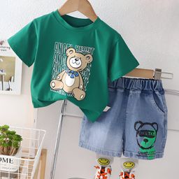 Googo Gaaga Cotton Woven Half Sleeves Teddy Bear Printed Tee & Shorts Set - Green-image-82
