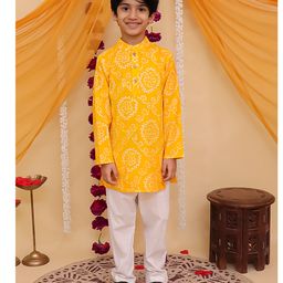 AJ Dezines Cotton Woven Full Sleeves Bandhani Designed Kurta Pyjama Set - Yellow-image-64