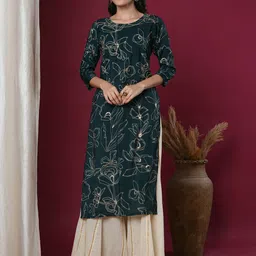 FASHOR Floral Printed Sequinned Round Neck Straight Kurta-23