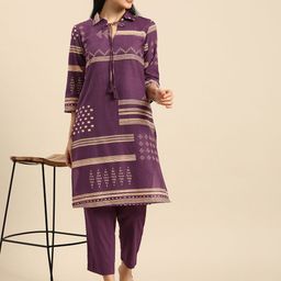 Anouk Geometric Printed Shirt-Collar Regular Kurta with Trousers-35