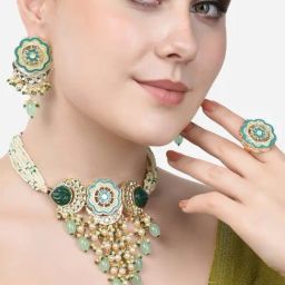 Zaveri Pearls Turquoise Blue Green Meenakari Cascading Waterfall Necklace Earring Ring Set-ZPFK14607-27