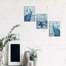 eCraftIndia 6MM MDF Set of 3 Blue Peacock Satin Matt Texture UV Art Painting-image-58
