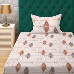 KLOTTHE Cream Coloured & Brown Floral 300 TC Fitted Single Bedsheet With Pillow Cover-image-68