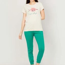 Ginger by Lifestyle Beige & Green Cotton Printed T-Shirt Pant Set-image-59