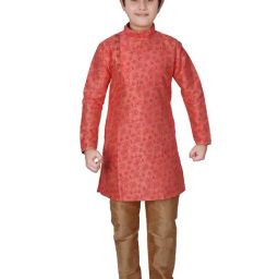 Pro-Ethic Style Developer Kids Coral & Brown Printed Full Sleeves Kurta with Churidar-image-63