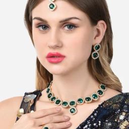 Zaveri Pearls Green Dazzling Stones Necklace Earring Maangtikka & Ring Set-ZPFK14600-image-43