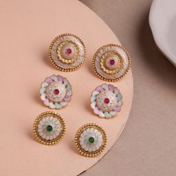 PANASH Set Of 3 Gold-Plated Circular Stone Studded & Beaded Studs-0