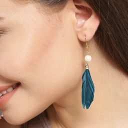 Oomph Blue Feather Fashion Dangler Earrings-2