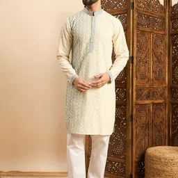 SWAGG INDIA Chevron Embroidered Mandarin Collar Thread Work Straight Kurta-40