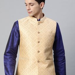 MANQ Men Beige & Silver Ethnic Motifs Jaquard Woven Design Nehru jacket-25