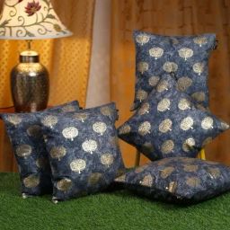 Hosta Homes Golden Foil Embellished Blue Velvet Cushion Cover - Set of 5-image-82