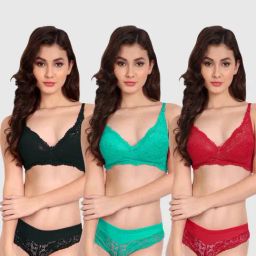 FIMS: Fashion is my Style Green & Red Lace Work Lingerie Set - Pack Of 3-image-78