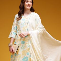 HERE&NOW Women Floral Printed Pure Cotton Kurta with Trousers & Dupatta-21