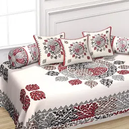 INDHOME LIFE 6Pcs White & Red Printed Pure-Cotton 190TC Breathable Diwan Set-42