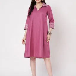 9rasa Women Shirt Collar Cotton A-Line Dress-image-15