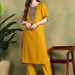 Moda Rapido Women Mustard Cotton Blend Kurta Sets-15